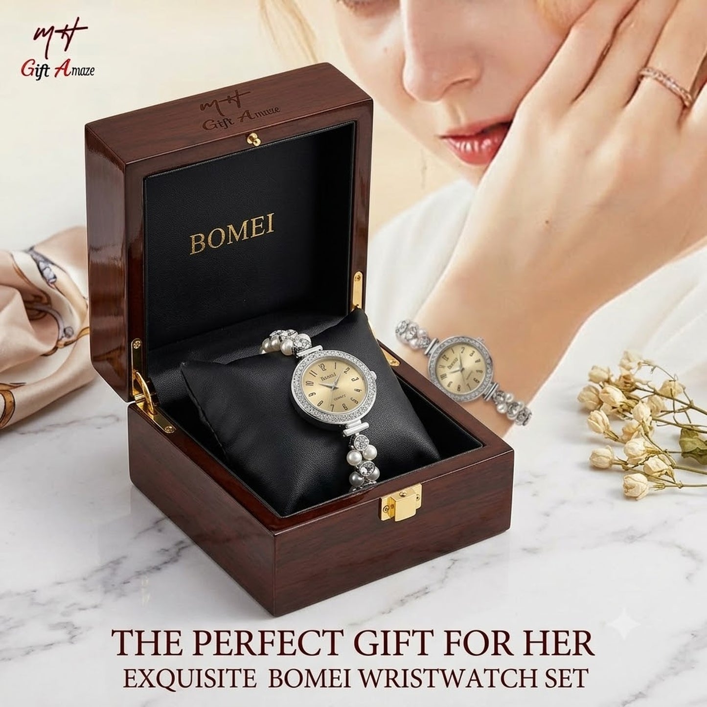 Bomei Elegant Women’s Quartz Bracelet Watch with Gold Dial, Pearls, and Crystals