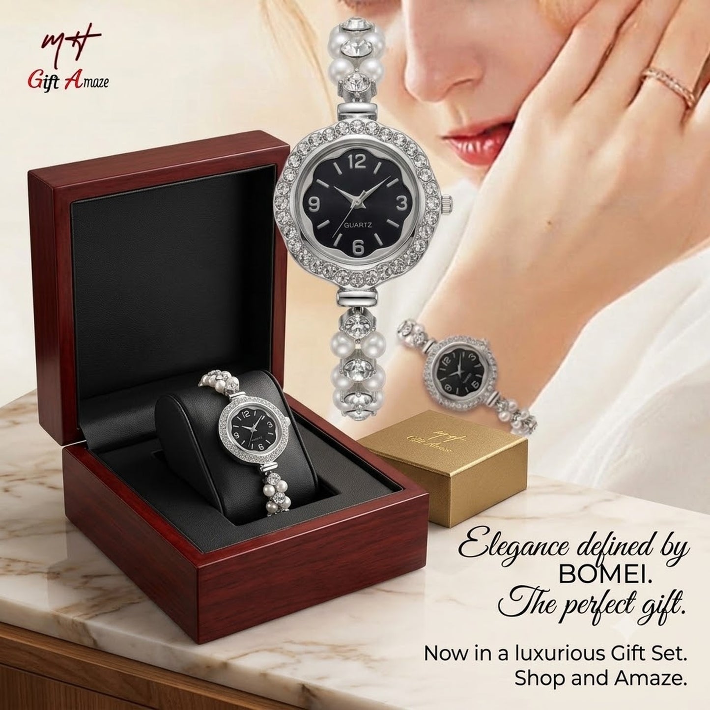 Luxury Women’s Quartz Bracelet Watch with Black Dial, Pearls, and Crystals