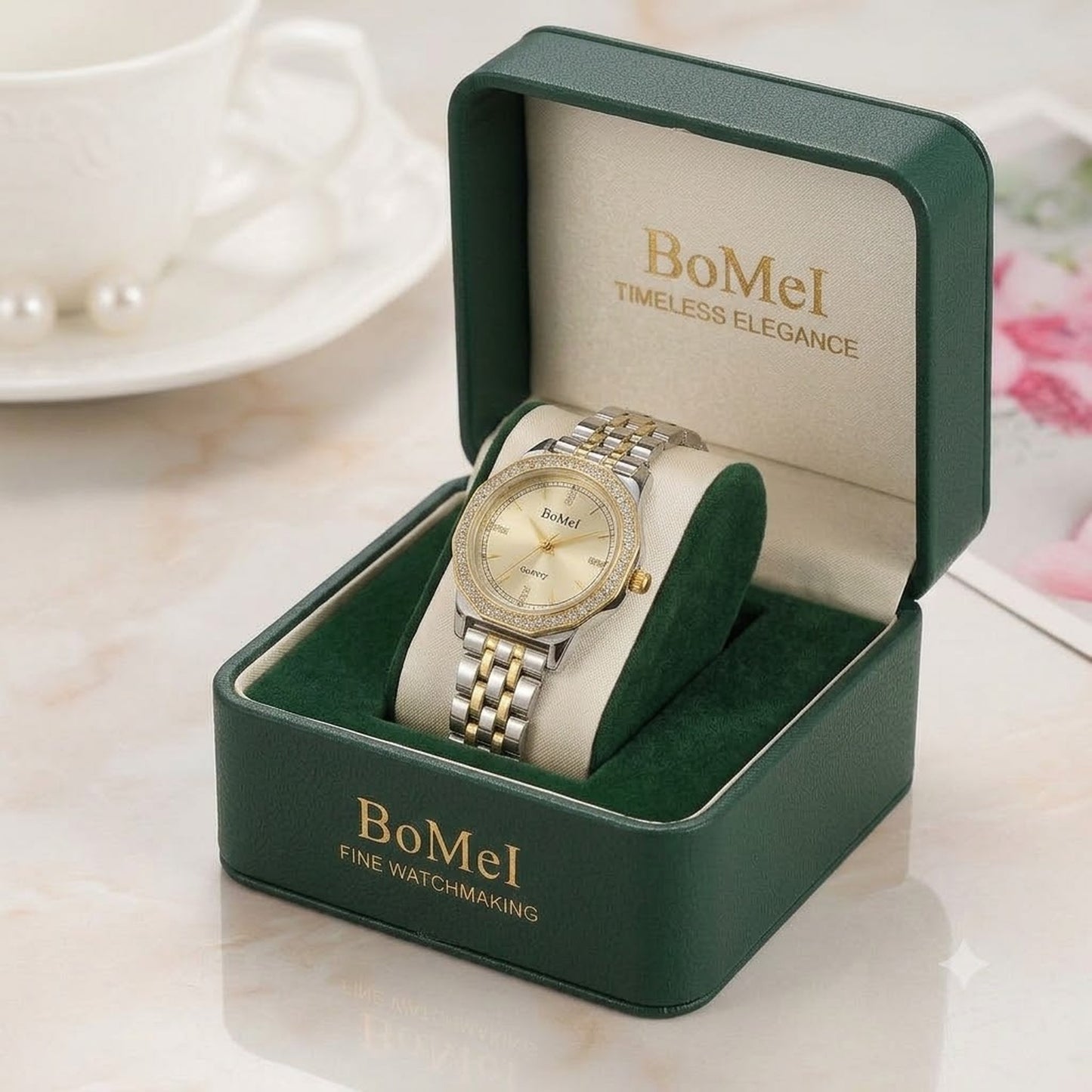BomeI Luxury Two-Tone Quartz Watch for Women – Silver & Gold Elegant Rhinestone Wristwatch