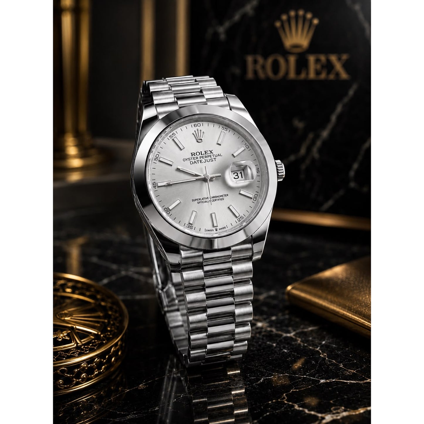 Classic Rolex Datejust Silver Dial – Premium High-Gloss Wooden Box Edition