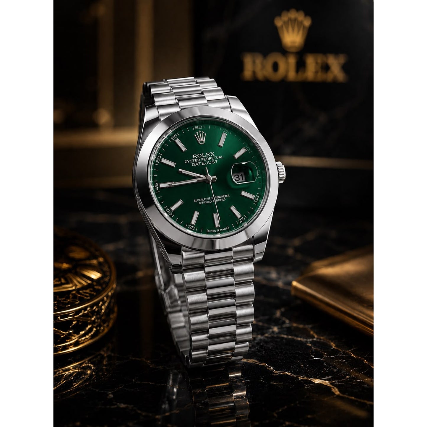 Rolex Datejust Premium Edition – Classic Green Dial Luxury Watch with Wooden Box
