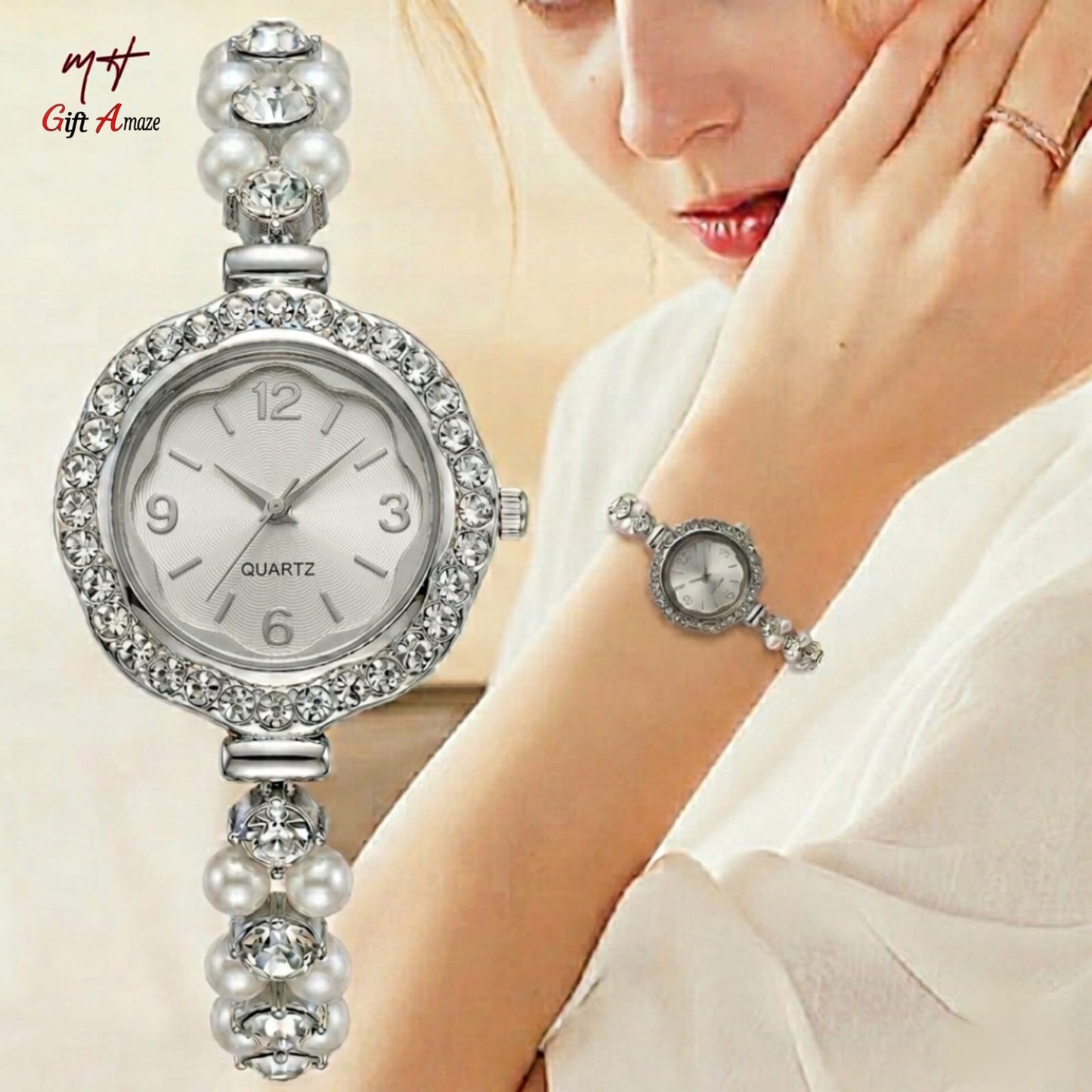 Elegant Women’s Quartz Bracelet Watch with Pearl & Crystal Accents