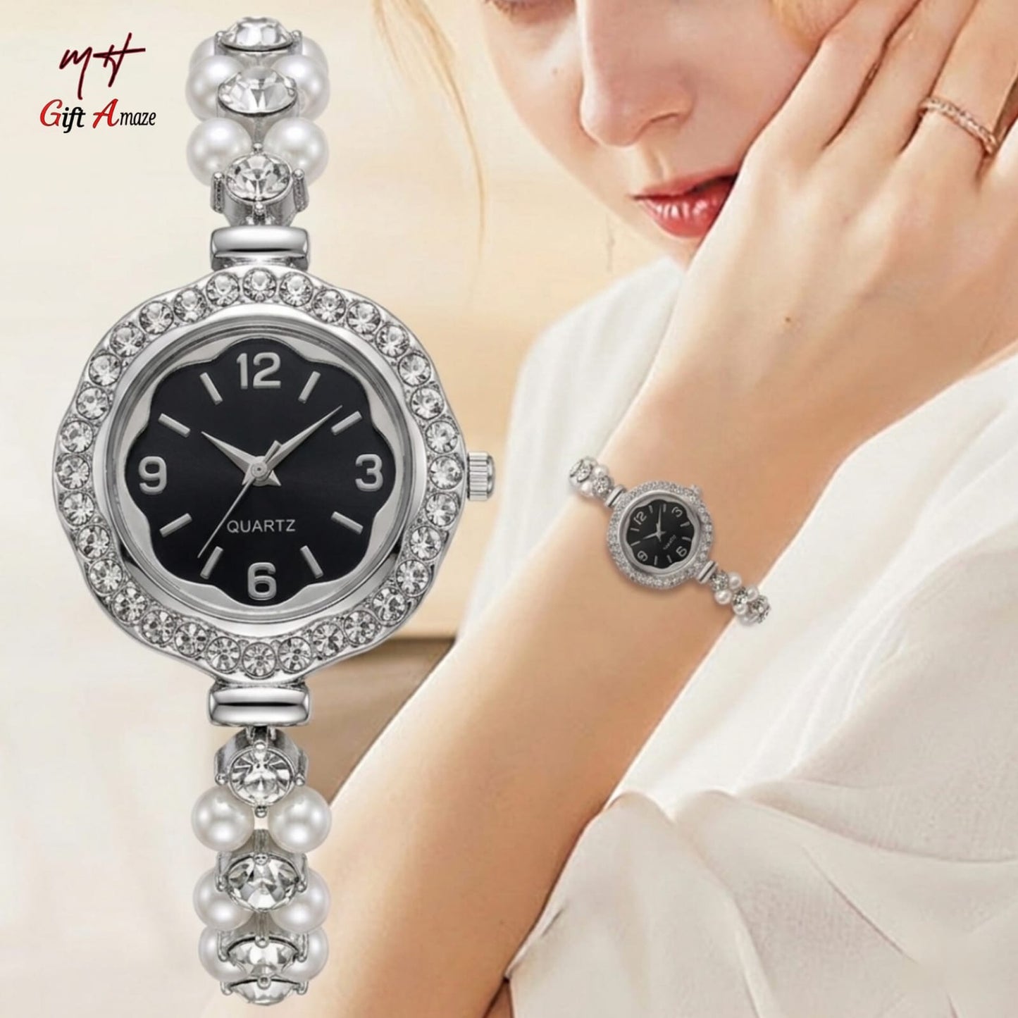 Luxury Women’s Quartz Bracelet Watch with Black Dial, Pearls, and Crystals