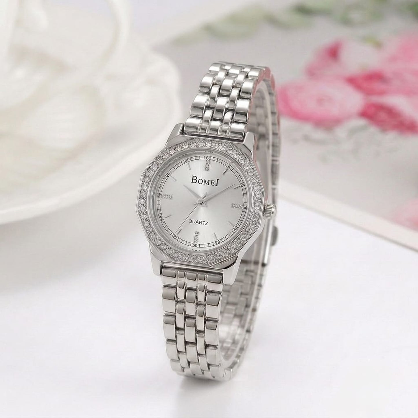 BomeI Luxury Silver Quartz Watch for Women – Classic Metallic Rhinestone Ladies Watch
