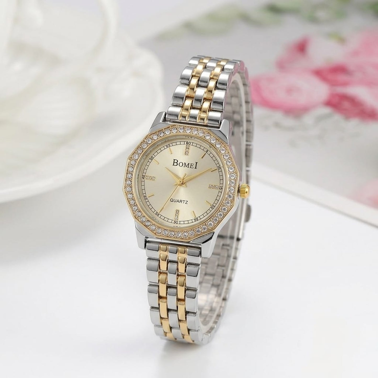 BomeI Luxury Two-Tone Quartz Watch for Women – Silver & Gold Elegant Rhinestone Wristwatch